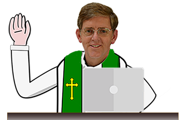 A photo of Father Robert L. Wedow's face photoshopped over a cartoon priest with a computer in front of him
